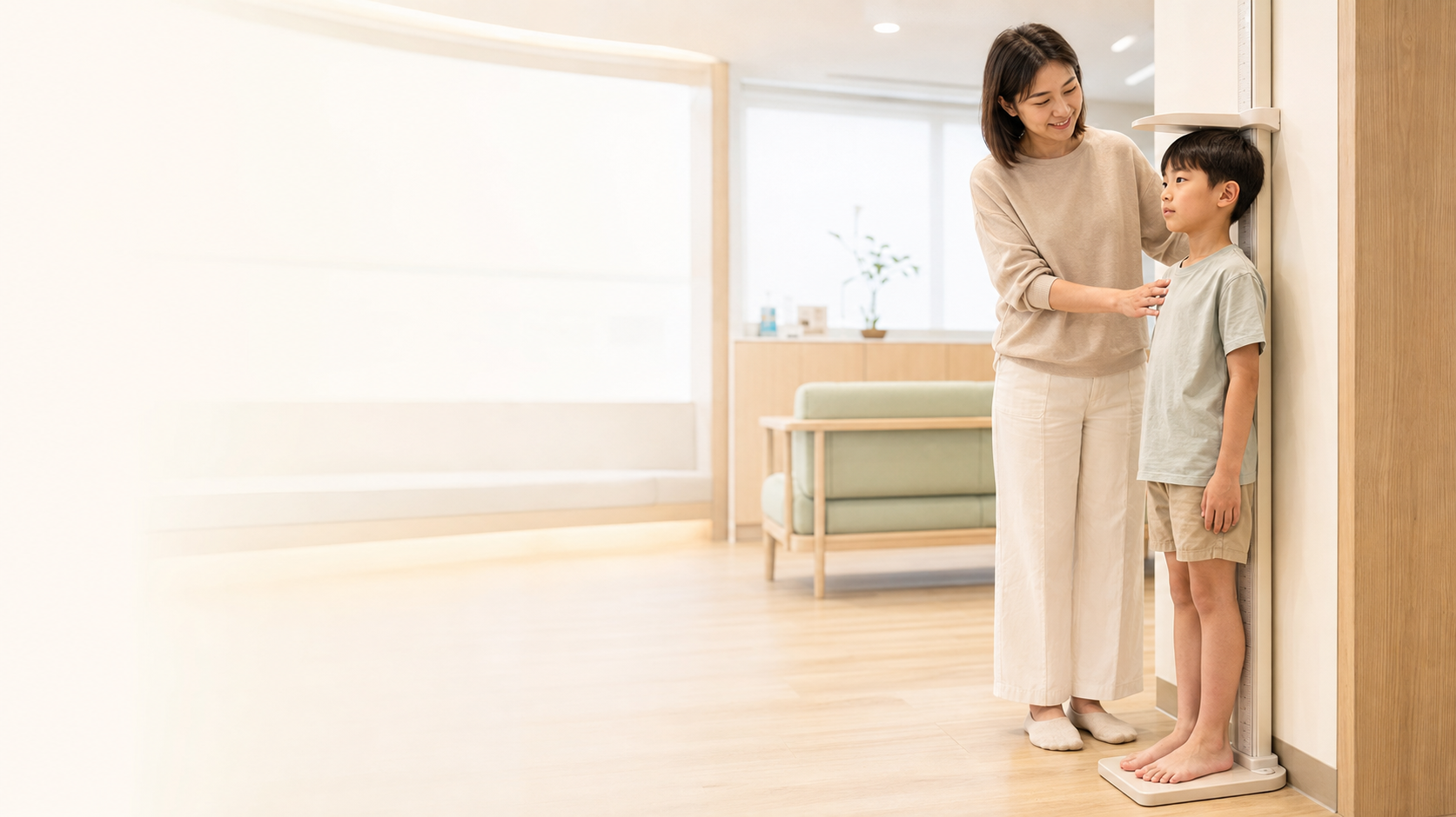 孩子背靠身高尺,由家長在明亮診間陪伴測量身高